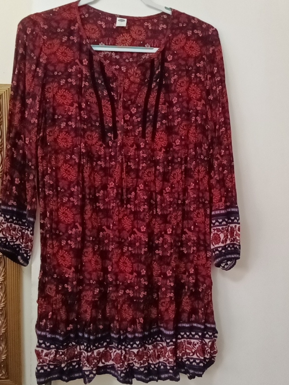 Women's Old Navy Red Floral Boho Tunic Dress with Border Trim